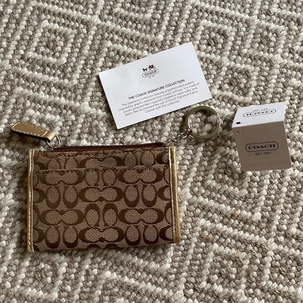 COACH Tan and Brown Signature Canvas with Gold Leather Keychain Mini Wallet NWT